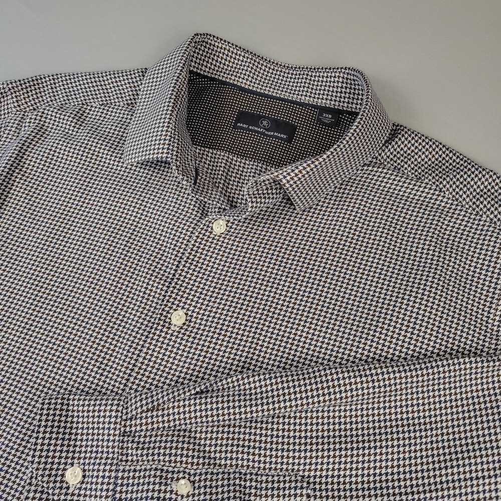 Hart Schaffner Marx Shirt Men 3XB Soft Houndstooth Cotton Brown Blue Long Slv